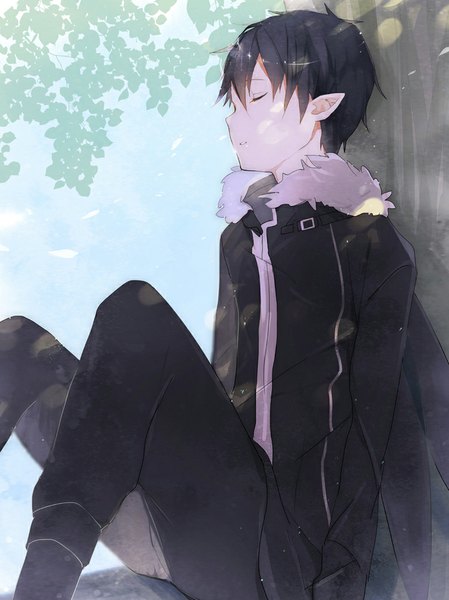 Anime picture 779x1040 with sword art online a-1 pictures kirigaya kazuto alice 1218 single tall image fringe short hair black hair sitting profile pointy ears sunlight shadow sleeping boy plant (plants) tree (trees) jacket pants