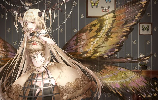 Anime picture 1175x748 with original kinokohime single fringe blonde hair yellow eyes indoors very long hair arm up horn (horns) open clothes bondage blood on face insect wings injury butterfly wings bound hands antlers cuts girl