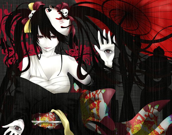 Anime picture 1000x789 with vocaloid musunde hiraite rasetsu to mukuro (vocaloid) hatsune miku yamineko single long hair fringe breasts black hair large breasts twintails japanese clothes fingernails black eyes lipstick floating hair looking down eyeshadow red lipstick expressionless