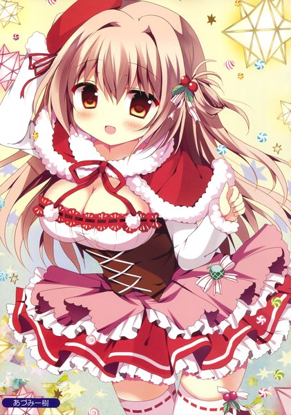 Anime picture 2316x3300 with original azumi kazuki single long hair tall image blush fringe highres breasts open mouth blonde hair large breasts brown eyes cleavage from above christmas girl thighhighs hair ornament white thighhighs