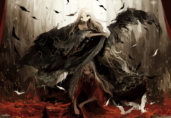 Anime picture 1000x690 with original asahiro long hair looking at viewer blonde hair red eyes sitting multiple girls brown eyes signed grey eyes black wings girl dress 2 girls animal wings black dress bird (birds) feather (feathers)