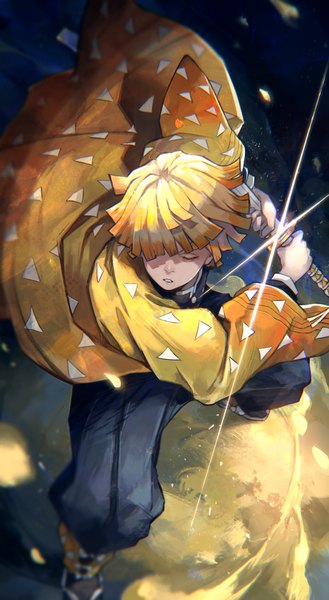 Anime picture 2027x3686 with kimetsu no yaiba ufotable agatsuma zenitsu kyuuba melo single tall image fringe highres short hair blonde hair eyes closed traditional clothes japanese clothes from above hair over one eye sparkle fighting stance unsheathing boy weapon