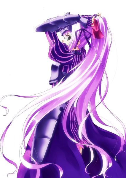 Anime picture 1000x1411 with kore wa zombie desu ka? studio deen eucliwood hellscythe mizuki ame single tall image blue eyes simple background white background purple hair ponytail long sleeves very long hair looking back from behind puffy sleeves adjusting hair girl gloves hair ornament