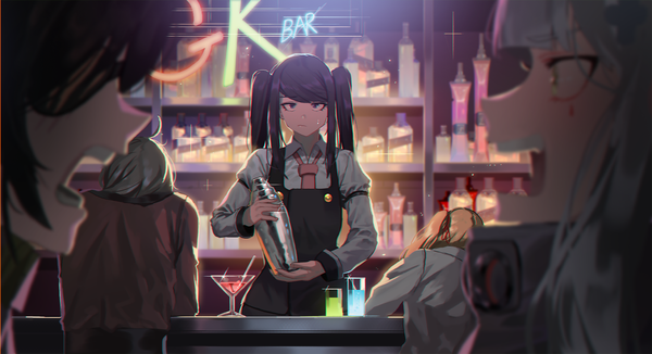 Anime picture 2500x1361 with girls frontline va-11 hall-a hk416 (girls frontline) m16a1 (girls frontline) kalina (girls frontline) jill stingray helianthus (girls frontline) ihobus looking at viewer fringe highres open mouth black hair brown hair wide image standing sitting purple eyes twintails multiple girls
