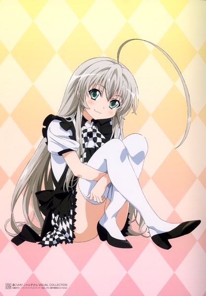 Anime picture 1941x2792 with haiyore! nyaruko-san nyaruko single long hair tall image looking at viewer blush highres blue eyes sitting silver hair ahoge scan checkered girl thighhighs dress white thighhighs