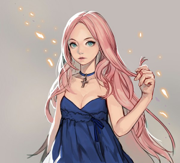 Anime picture 880x800 with racoona single long hair looking at viewer breasts blue eyes simple background bare shoulders pink hair lips adjusting hair brown background girl dress choker cross blue dress cross necklace