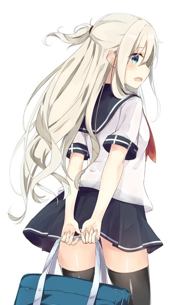 Anime picture 900x1450 with original seki (l0410706268) single long hair tall image looking at viewer blush fringe blue eyes blonde hair simple background hair between eyes standing white background holding ponytail pleated skirt looking back short sleeves embarrassed