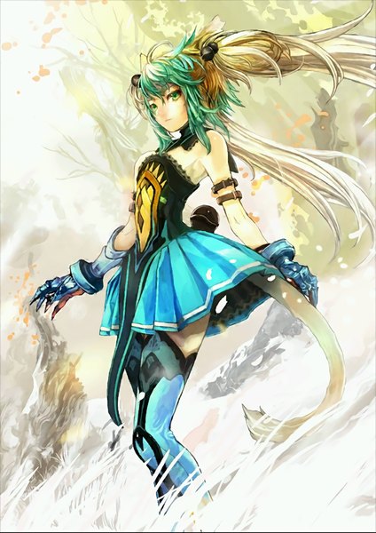 Anime picture 819x1160 with fate (series) fate/apocrypha type-moon atalanta (fate) asai genji single long hair tall image looking at viewer fringe blonde hair twintails bare shoulders green eyes ahoge multicolored hair green hair wind two-tone hair girl