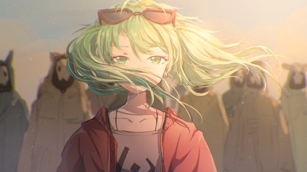 Anime picture 1778x1000 with vocaloid suna no wakusei (vocaloid) hatsune miku lengchan (fu626878068) long hair looking at viewer fringe highres wide image twintails green eyes green hair wind open clothes open jacket solo focus covered mouth sunglasses on head girl jacket