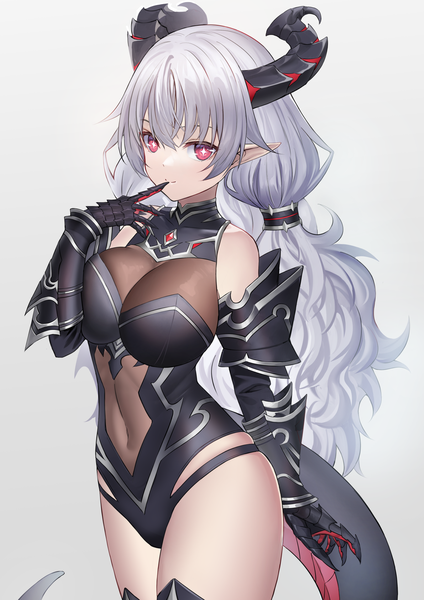Anime picture 1191x1684 with original sion (9117) single long hair tall image looking at viewer fringe breasts light erotic simple background smile hair between eyes red eyes large breasts standing bare shoulders silver hair tail horn (horns) pointy ears