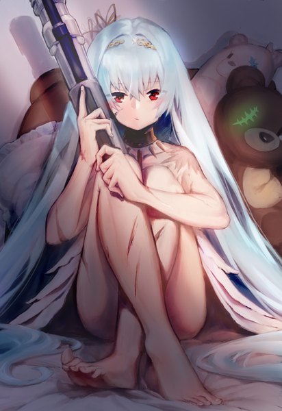 Anime picture 2031x2952 with girls frontline thunder (girls frontline) cyta celest single tall image looking at viewer blush fringe highres light erotic hair between eyes red eyes sitting holding silver hair full body bent knee (knees) very long hair barefoot crossed legs