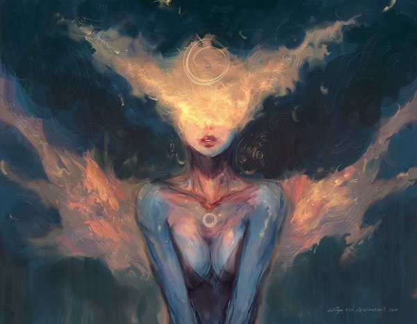 Anime picture 1920x1495 with original aditya777 (artist) single highres breasts large breasts bare shoulders signed lips sleeveless glowing blue skin surreal girl dress black dress flame sign phoenix