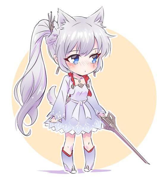 Anime picture 1560x1685 with rwby rooster teeth weiss schnee iesupa single long hair tall image blush blue eyes simple background standing white background animal ears payot looking away silver hair full body tail animal tail :o