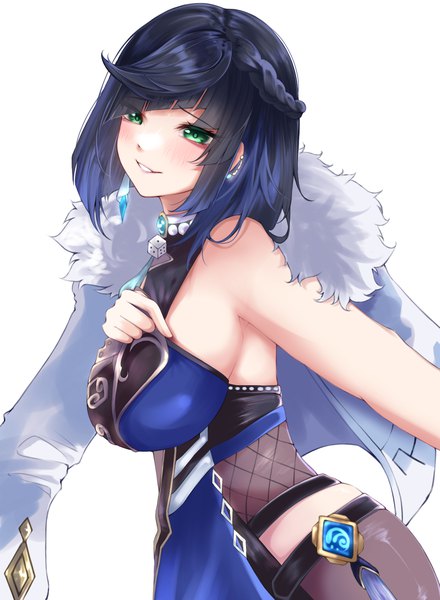 Anime picture 1100x1500 with genshin impact yelan (genshin impact) zr04 single tall image blush fringe short hair breasts light erotic black hair simple background smile large breasts white background green eyes looking away piercing ear piercing clothes on shoulders