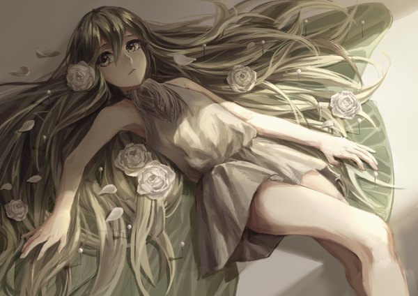 Anime picture 3507x2480 with original lama-pacos single long hair looking at viewer fringe highres green eyes looking away absurdres lying hair flower green hair on back legs girl dress hair ornament flower (flowers) petals