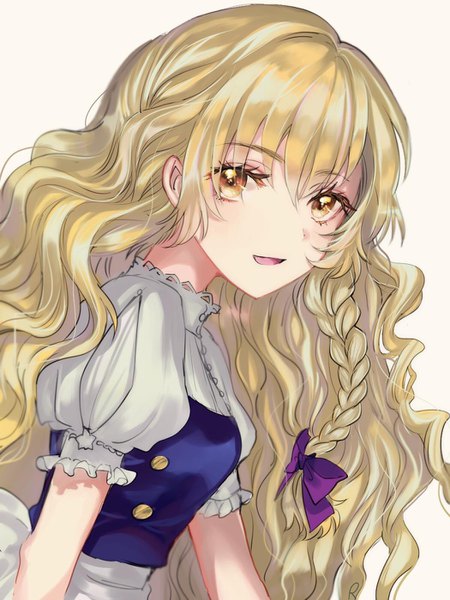 Anime picture 1050x1400 with touhou kirisame marisa rosette (roze-ko) single long hair tall image looking at viewer simple background blonde hair white background brown eyes braid (braids) puffy sleeves side braid no hat girl