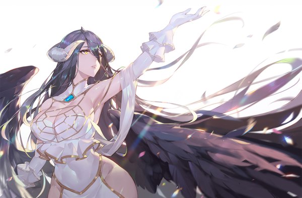 Anime picture 1827x1200 with overlord (maruyama) madhouse albedo (overlord) calder single fringe highres breasts light erotic black hair simple background hair between eyes large breasts standing white background bare shoulders yellow eyes looking away cleavage upper body