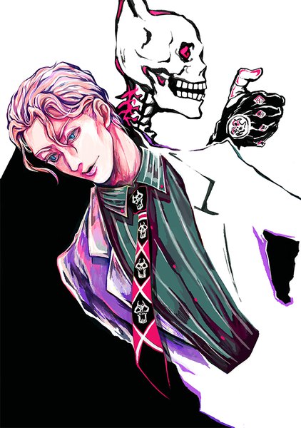 Anime picture 620x881 with jojo no kimyou na bouken kira yoshikage killer queen mizudama single tall image short hair blue eyes blonde hair white background looking away profile lips skull print stand (jojo) boy shirt necktie striped shirt