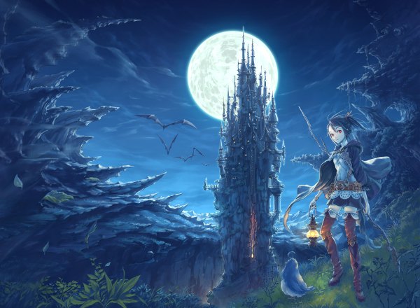 Anime picture 1200x880 with original hisakata souji black hair red eyes ponytail night side ponytail landscape fantasy ghost girl skirt plant (plants) belt moon thigh boots cloak full moon lamp castle