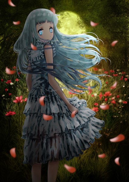 Anime picture 1240x1754 with ano hi mita hana no namae wo bokutachi wa mada shiranai a-1 pictures honma meiko kirigo (artist) single long hair tall image blue eyes looking back grey hair landscape nature girl flower (flowers) plant (plants) petals tree (trees) moon grass full moon