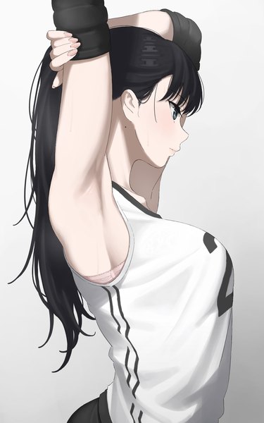 Anime picture 1000x1600 with original kaminari doon single long hair tall image blush fringe breasts blue eyes black hair simple background large breasts looking away upper body ponytail profile mole arms up armpit (armpits) mole under eye