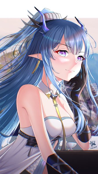Anime picture 1440x2560 with arknights ling (arknights) varhan zuhair single long hair tall image looking at viewer blush fringe breasts light erotic large breasts purple eyes bare shoulders signed blue hair blunt bangs horn (horns) pointy ears girl