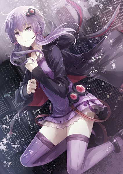 Anime picture 744x1052 with vocaloid yuzuki yukari angel31424 single long hair tall image looking at viewer purple eyes twintails signed purple hair bent knee (knees) low twintails city girl thighhighs dress hair ornament jacket short dress