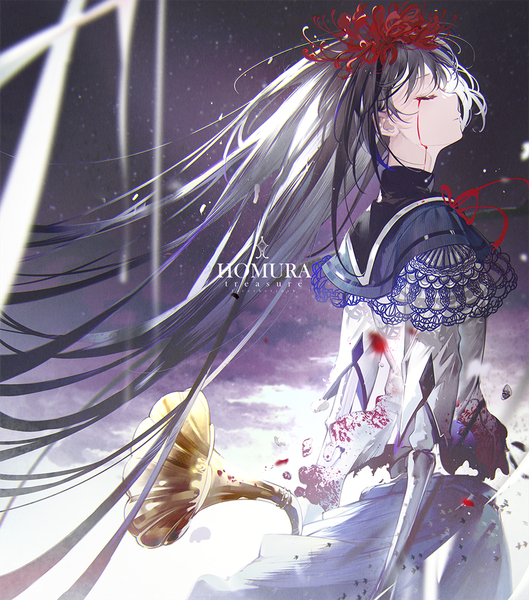 Anime picture 882x1000 with mahou shoujo madoka magica shaft (studio) akemi homura homulilly bai qi-qsr single long hair tall image black hair standing eyes closed profile hair flower character names floating hair skeleton bloody tears girl flower (flowers) blood