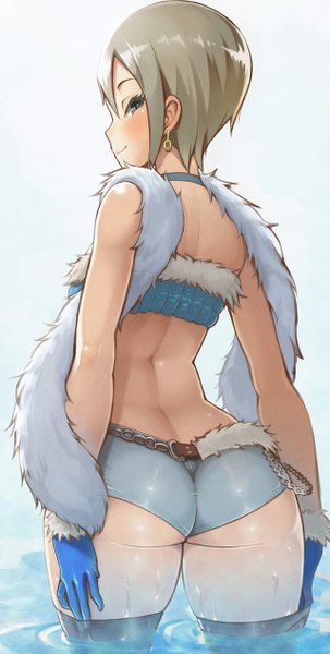 Anime picture 640x1265 with idolmaster idolmaster cinderella girls shiomi shuuko zhixian single tall image looking at viewer blush short hair light erotic smile ass looking back grey hair grey eyes back girl thighhighs gloves earrings