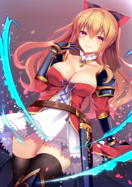 Anime picture 711x1005 with granblue fantasy vira lilie agekichi (heart shape) single long hair tall image looking at viewer blush light erotic blonde hair purple eyes light smile girl thighhighs gloves black thighhighs black gloves