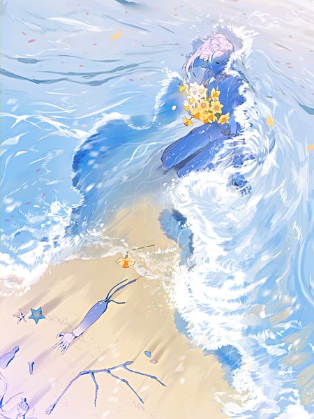 イラスト 2250x3000 と オリジナル 黒田ヱリ ソロ 長身像 highres 短い髪 ピンク髪 花 水 海 花束 アンドロイド starfish screw daffodil