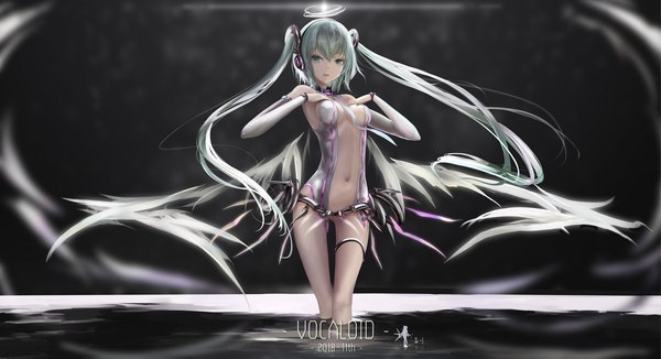 Anime picture 2250x1223 with vocaloid vocaloid append hatsune miku hatsune miku (append) wangchuan de quanyan single looking at viewer fringe highres breasts light erotic wide image very long hair aqua eyes blurry aqua hair inscription partially submerged ass visible through thighs happy birthday