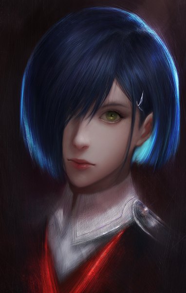 Anime picture 580x909 with darling in the franxx studio trigger ichigo (darling in the franxx) senkothefan single tall image looking at viewer fringe short hair simple background green eyes blue hair hair over one eye realistic lipstick portrait red lipstick girl