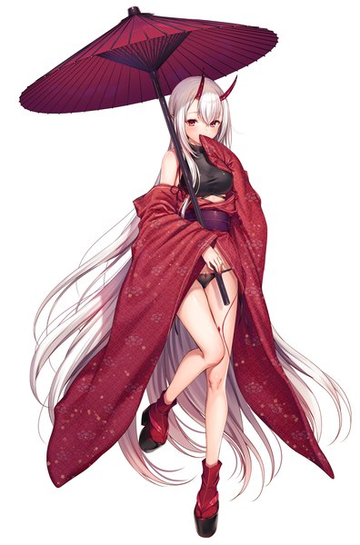 Anime picture 1466x2219 with original komeshiro kasu single tall image looking at viewer blush fringe breasts light erotic simple background hair between eyes red eyes standing white background holding payot full body white hair very long hair traditional clothes