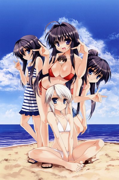 Anime picture 2015x3033 with kanokon minamoto chizuru ezomori nozomu tall image highres light erotic multiple girls beach girl boy swimsuit bikini white bikini 4 girls