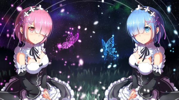 Anime picture 1920x1080 with re:zero kara hajimeru isekai seikatsu white fox rem (re:zero) ram (re:zero) arms ai blush fringe highres short hair blue eyes wide image multiple girls blue hair pink hair pink eyes hair over one eye night maid girl dress