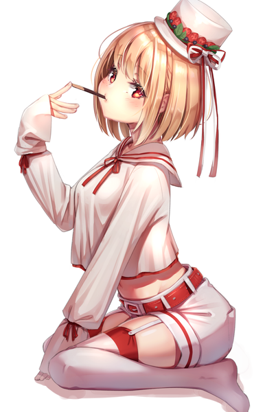Anime picture 964x1438 with original reinama single tall image looking at viewer blush fringe short hair breasts blonde hair simple background red eyes white background sitting payot full body blunt bangs midriff no shoes wariza