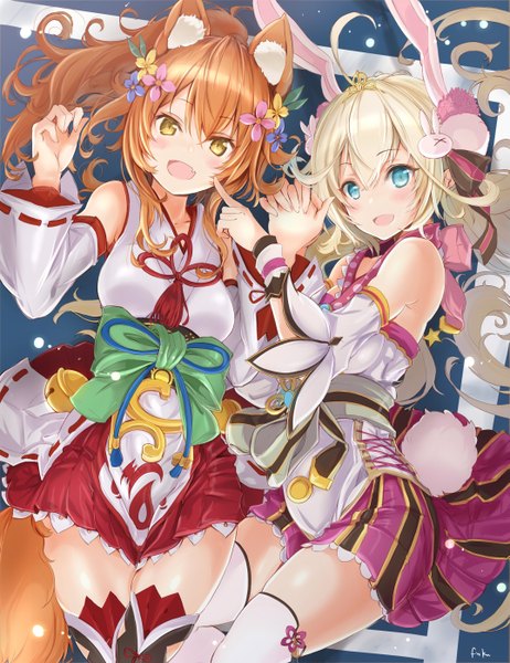 Anime picture 2149x2787 with shironeko project korin (shironeko project) tsukimi (shironeko project) fuku kitsune (fuku fox) long hair tall image looking at viewer blush fringe highres open mouth blue eyes light erotic blonde hair hair between eyes twintails bare shoulders multiple girls holding signed