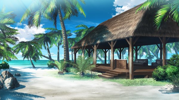 Anime picture 1280x720 with grisaia no kajitsu wide image game cg sky cloud (clouds) beach landscape plant (plants) tree (trees) sea couch