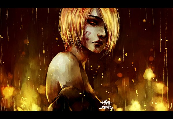 Anime picture 1300x900 with original nanfe single looking at viewer fringe short hair blonde hair red eyes bare shoulders signed hair over one eye letterboxed rain framed girl blood