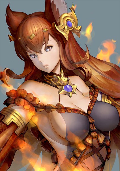 Anime picture 1240x1753 with granblue fantasy anthuria shimashima (simasima 23) single long hair tall image looking at viewer fringe breasts light erotic simple background hair between eyes brown hair brown eyes animal ears cleavage upper body grey background sideboob erune