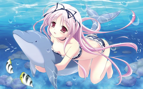 Anime picture 1920x1200 with garden (galge) cuffs (studio) himemiya ruri yuyi single long hair blush highres open mouth light erotic wide image bare shoulders pink hair pink eyes barefoot blue background underwater swimming girl bow