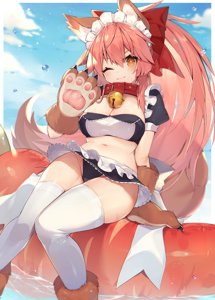 Anime picture 1000x1396 with fate (series) fate/grand order tamamo (fate) (all) tamamo cat (fate) muryotaro single long hair tall image looking at viewer blush fringe breasts light erotic smile hair between eyes large breasts sitting animal ears payot pink hair