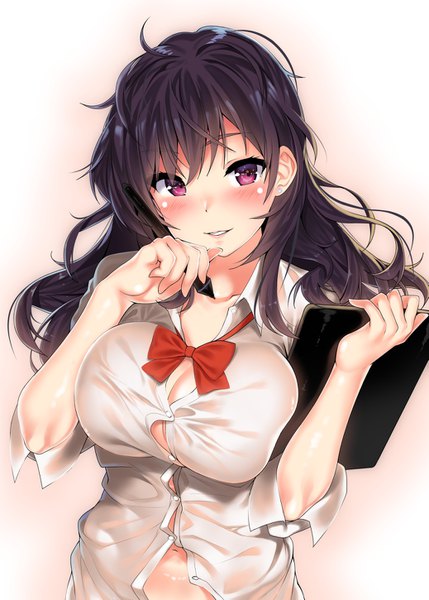 Anime picture 1037x1450 with original kawai (purplrpouni) single long hair tall image looking at viewer blush fringe breasts light erotic black hair simple background smile hair between eyes large breasts standing purple eyes holding cleavage parted lips