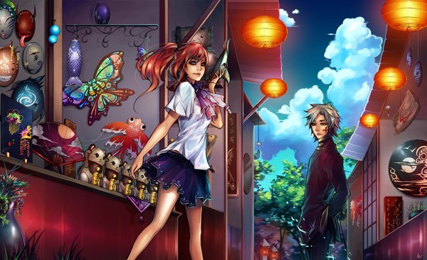 Anime picture 1400x852 with original unodu blue eyes wide image cloud (clouds) white hair red hair hands in pockets girl boy skirt pants cat mask fan lamp