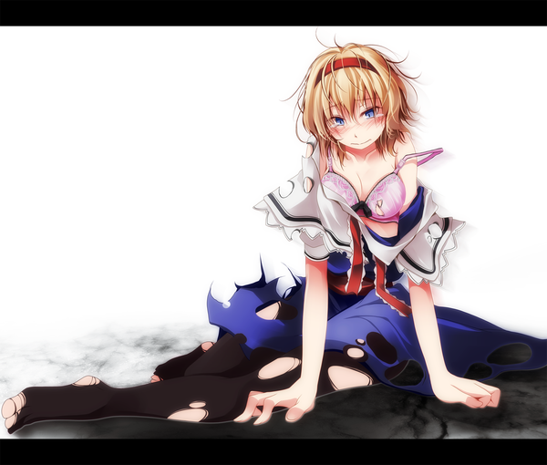 Anime picture 2000x1700 with touhou alice margatroid s-syogo blush highres short hair blue eyes light erotic blonde hair torn clothes torn pantyhose girl pantyhose hairband