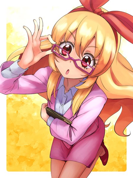 Anime picture 1200x1600 with aikatsu! hoshimiya ichigo nyama single long hair tall image looking at viewer blonde hair red eyes girl glasses hairband