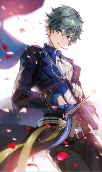 Anime picture 524x882 with ensemble stars! sena izumi (ensemble stars!) bosack single tall image fringe short hair simple background hair between eyes white background holding aqua eyes grey hair boy gloves weapon petals sword belt white gloves