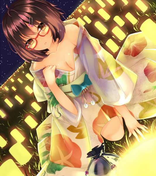 Anime picture 1554x1748 with kyoukai no kanata kyoto animation kuriyama mirai darwinwu (artist) single tall image looking at viewer short hair brown hair brown eyes traditional clothes japanese clothes girl hair ornament glasses kimono hairclip obi