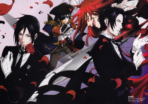 Anime picture 4920x3470 with kuroshitsuji a-1 pictures sebastian michaelis ciel phantomhive grell sutcliff claude faustus highres black hair absurdres red hair cosplay pirate boy gloves flower (flowers) hat petals rose (roses) eyepatch neckerchief